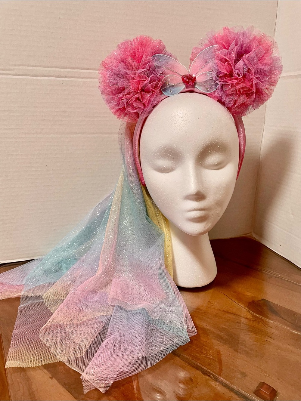 Disney Pink Pom-Pom Headband with Rainbow Tulle Veil - Picture 1 of 5